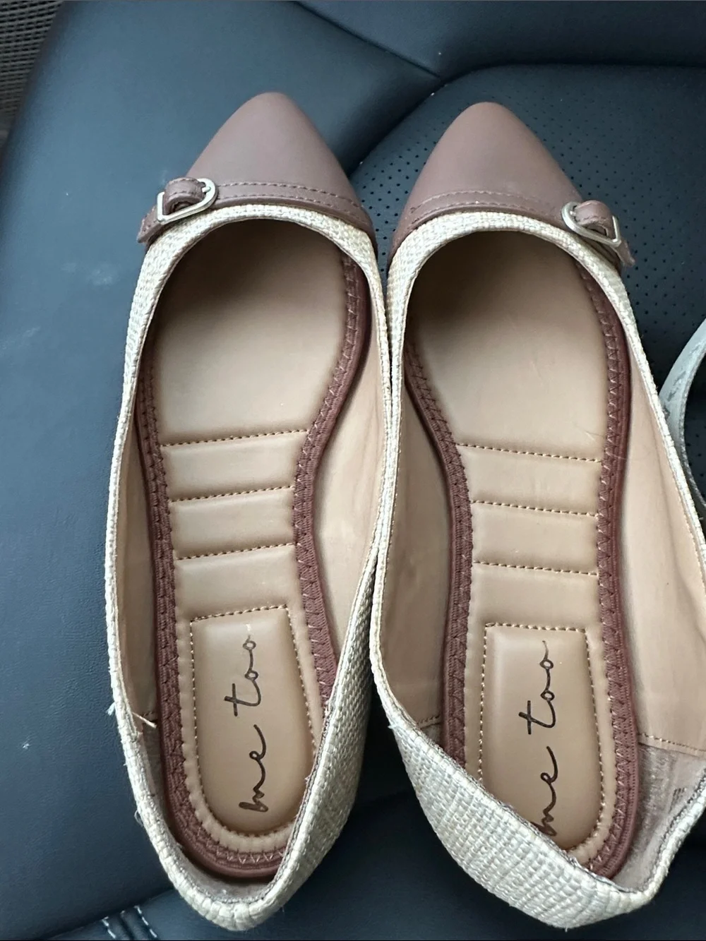 me too Tan Pointed-Toe Buckle Flats with Woven Trim